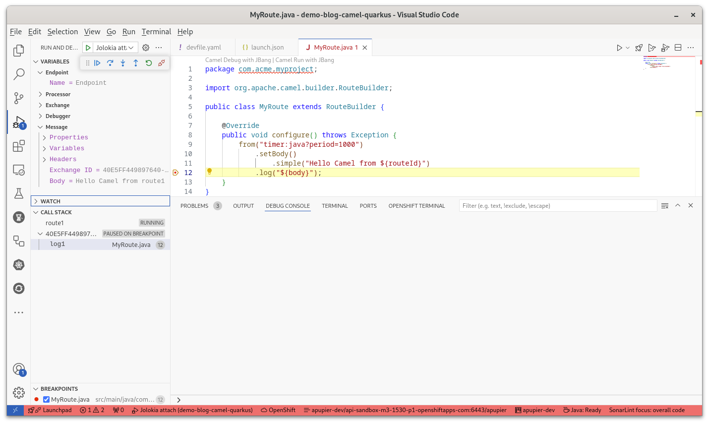&ldquo;Breakpoint hit with Camel debugger on log line of the Java route deployed on OpenShift&rdquo;